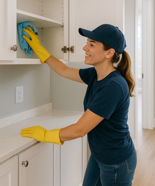 Professional American cleaner wiping the inside of a white kitchen cabinet with a microfiber cloth and gloves during deep cleaning service.