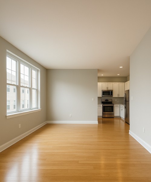 Empty unfurnished residential unit with clean hardwood floors, light gray walls, large window, and open kitchen with stainless appliances