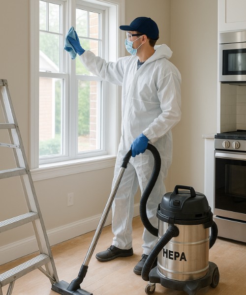 Cleaner performing final cleanup in a new construction home, wiping large windows and removing dust and debris.