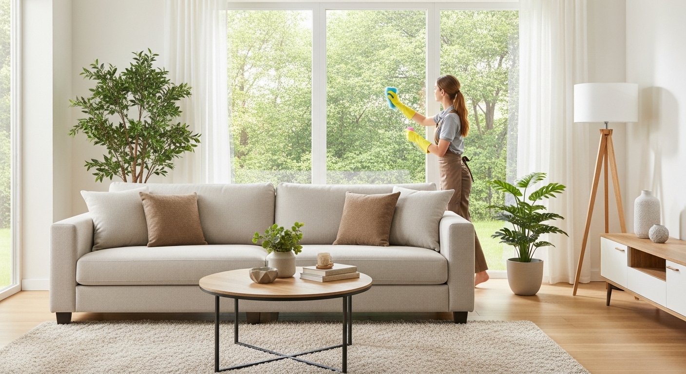 spring cleaning checklist homeowner cleaning windows in bright living room