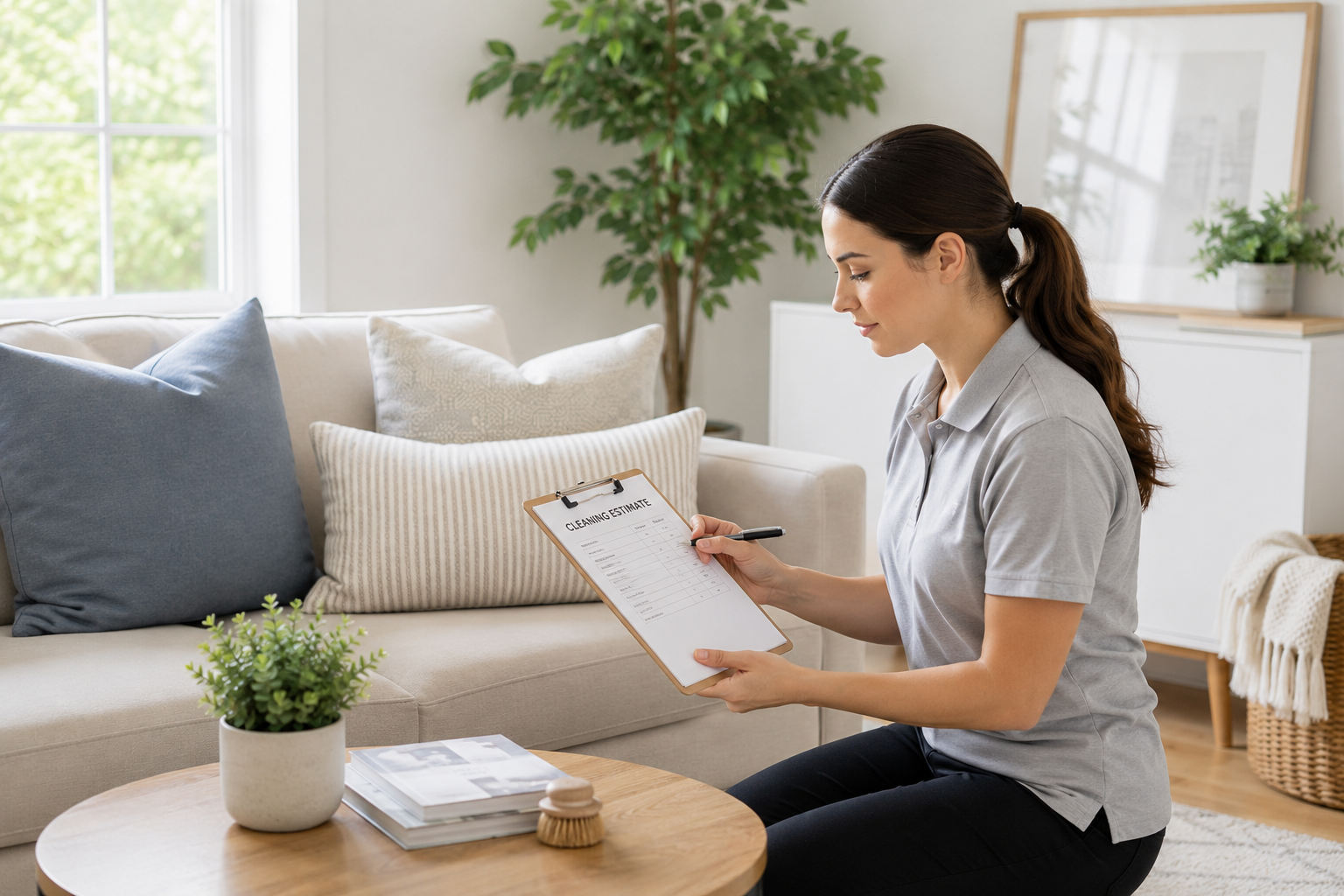 House cleaning cost in New Jersey consultation with a professional cleaner providing a personalized cleaning estimate for a homeowner
